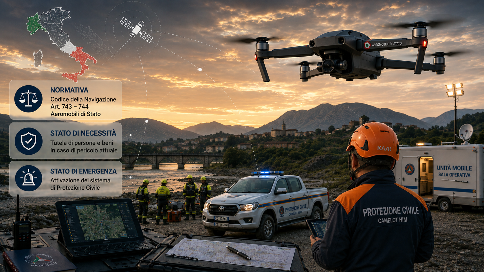 Drone impiegato in un'operazione di Protezione Civile durante uno scenario di emergenza