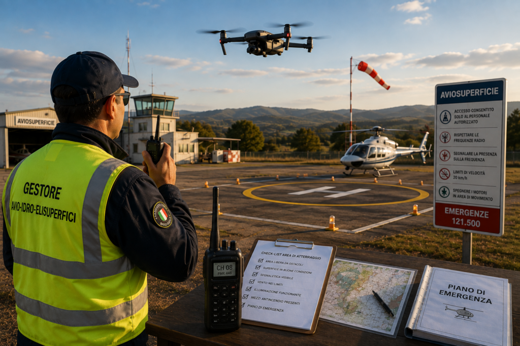 Gestore di avio-idro-elisuperfici con radio portatile durante attività UAS su un'aviosuperficie