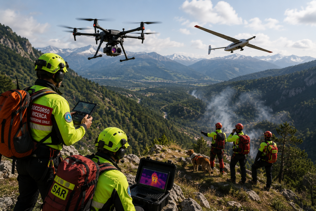 Squadra di ricerca e soccorso utilizza droni multirotore e ad ala fissa in ambiente montano