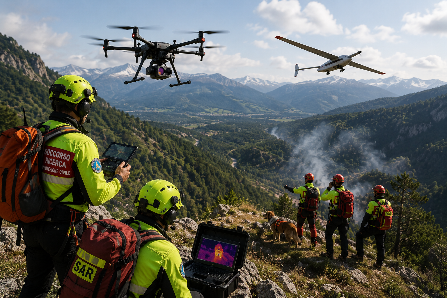 Squadra di ricerca e soccorso utilizza droni multirotore e ad ala fissa in ambiente montano