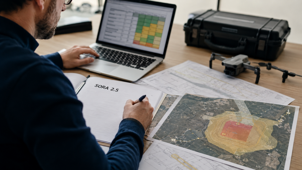 Operatore UAS prepara la documentazione e la cartografia per una valutazione SORA 2.5